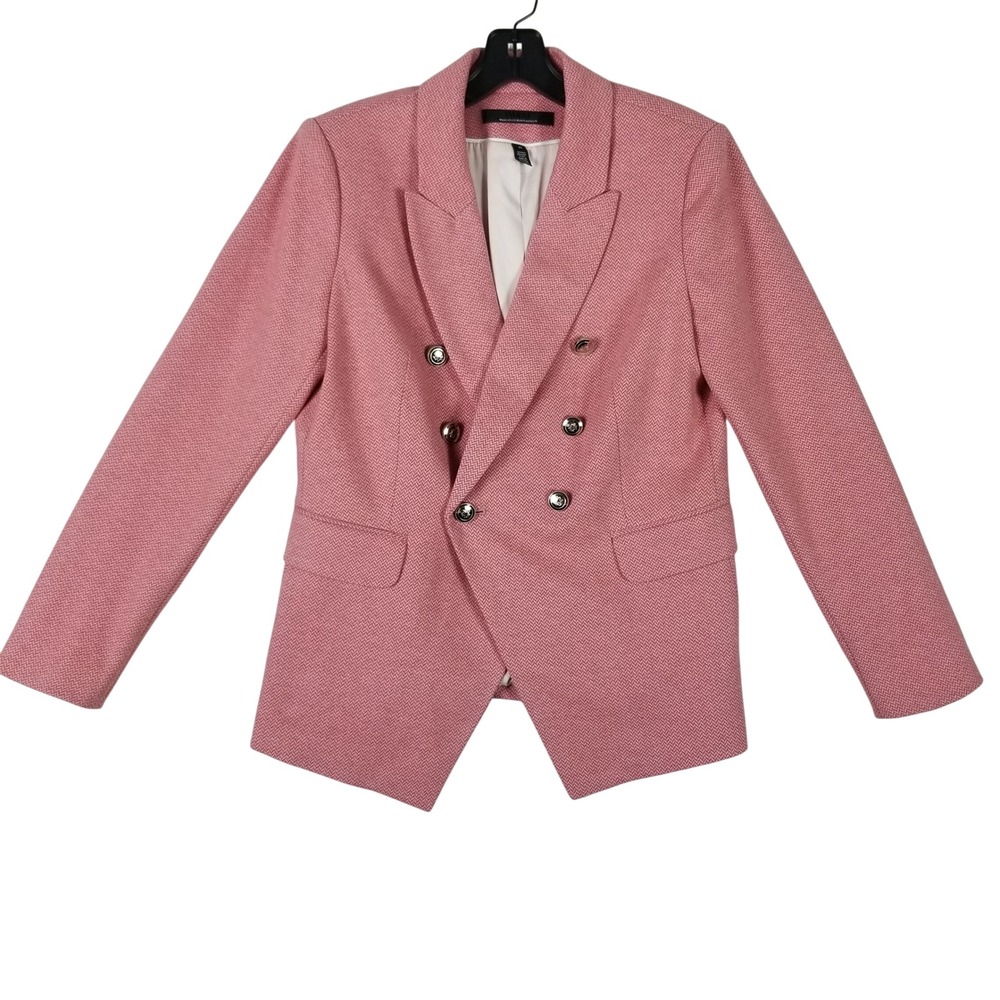 White House Black Market Blazer Women 10 Pink Herringbone Double Breasted Crest